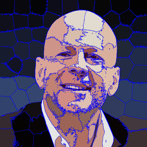 Portrait de Bruce Willis découpé en zones de couleur uniforme
